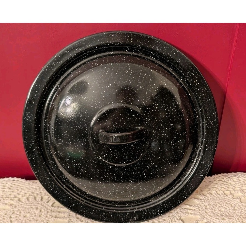 Vintage Black Speckled Enamelware Pot Lid 10.5"